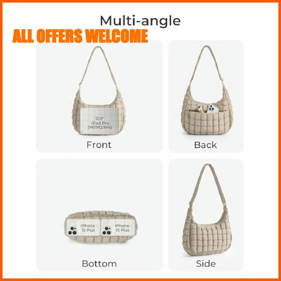 Quilted Puffy Crossbody Hobo Bag, Adjustable Strap, Water-Resistant Nylon - Picture 6 of 8